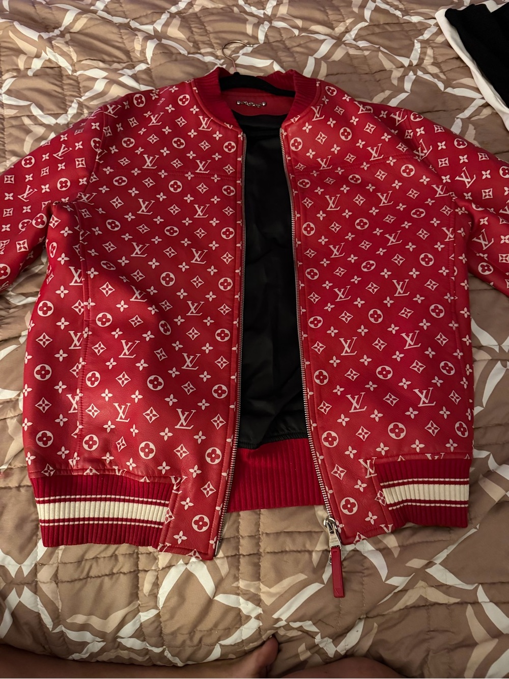 Red Louis Vuitton Bomber Jacket with White Monogram Pattern in excellent cond